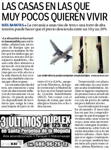 Noticia publicada en el diario 20 MINUTOS el 16 de noviembre de 2006 sobre las viviendas en las que nadie quiere vivir y que viene acompañada de una fotografía de un avión sobrevolando el edificio Bermar Park de Gavà Mar